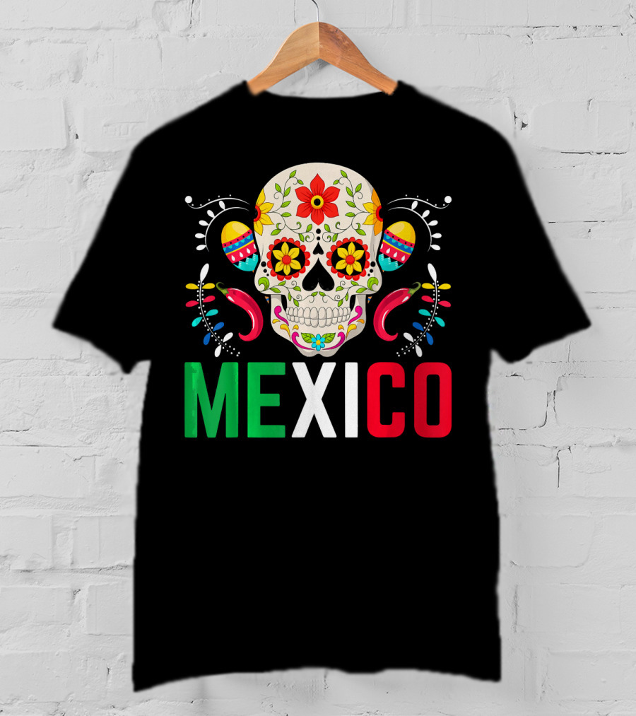 Colorful Cinco De Mayo Mexico Sugar Skull Design With Decorative Elements T-Shirt