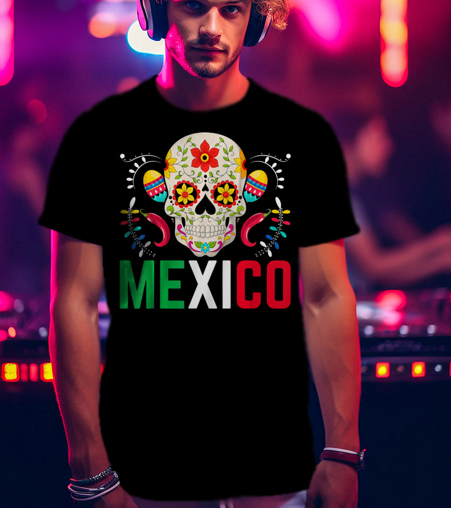 Colorful Cinco De Mayo Mexico Sugar Skull Design With Decorative Elements T-Shirt