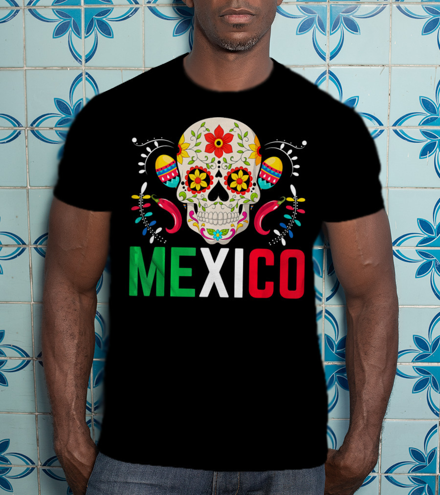 Colorful Cinco De Mayo Mexico Sugar Skull Design With Decorative Elements T-Shirt