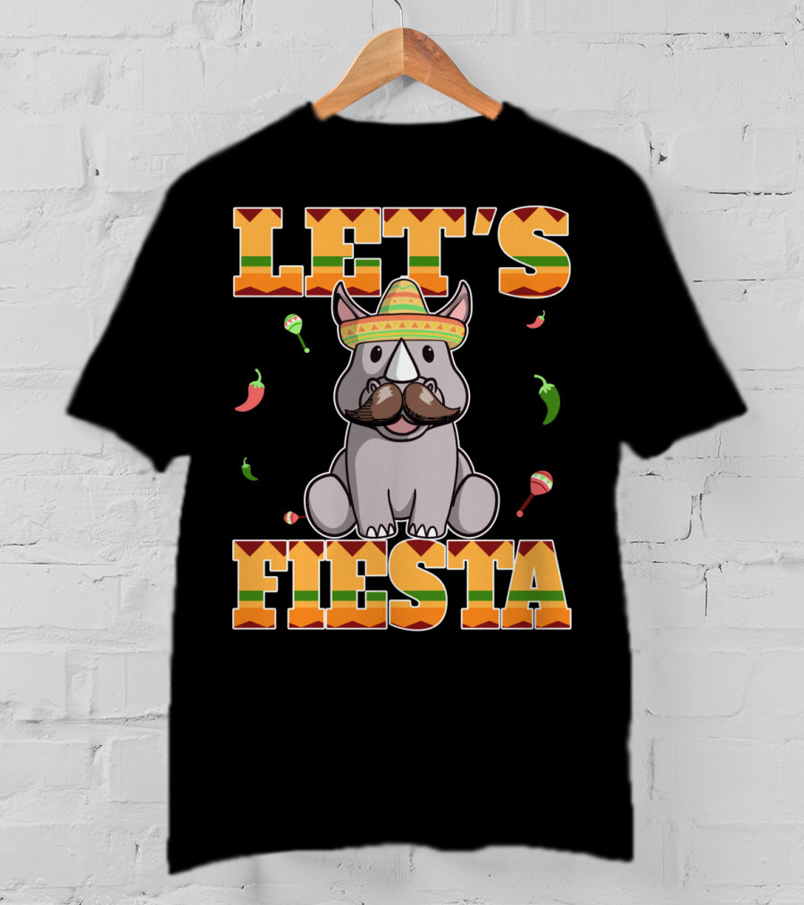 Let's Fiesta Rhinoceros Cinco De Mayo Mex Sombrero Peppers Maracas T-Shirt