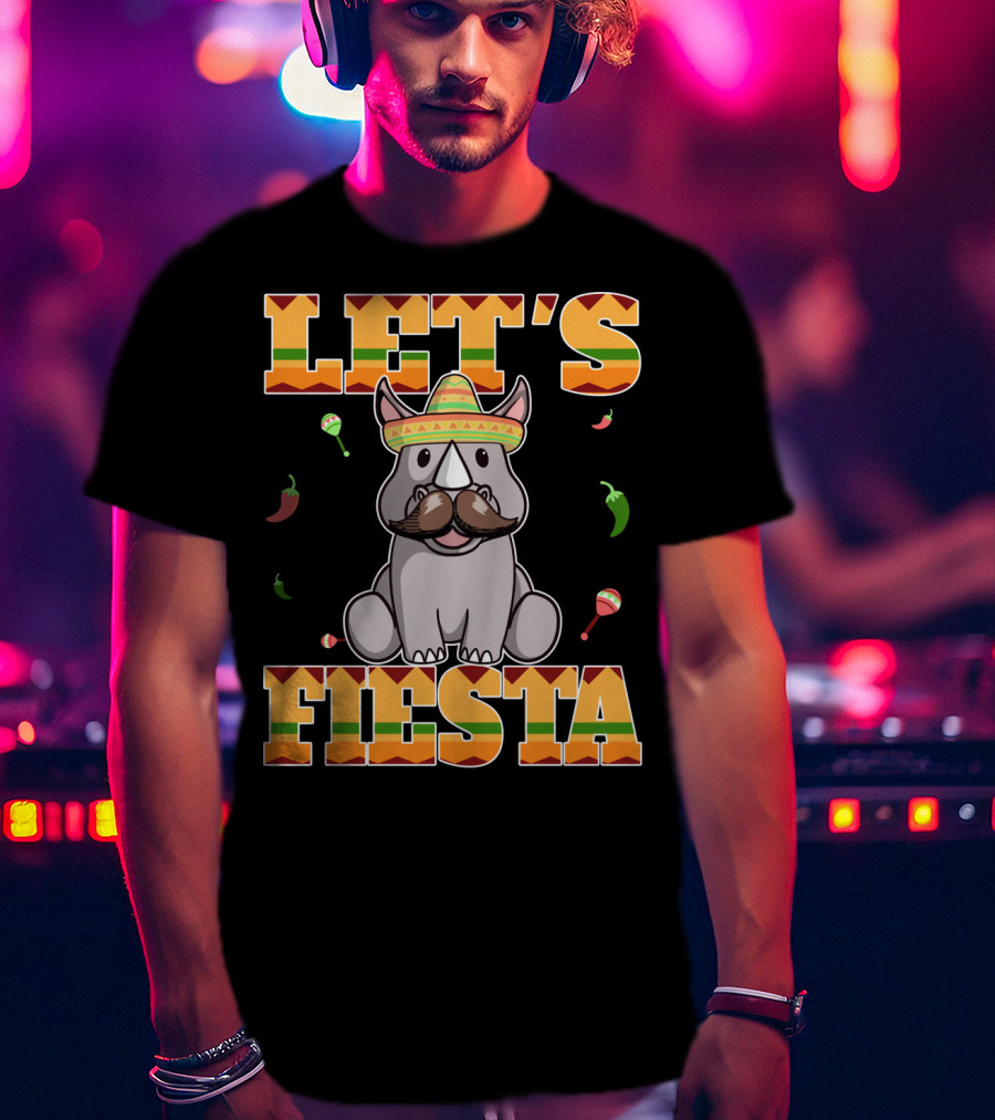 Let's Fiesta Rhinoceros Cinco De Mayo Mex Sombrero Peppers Maracas T-Shirt