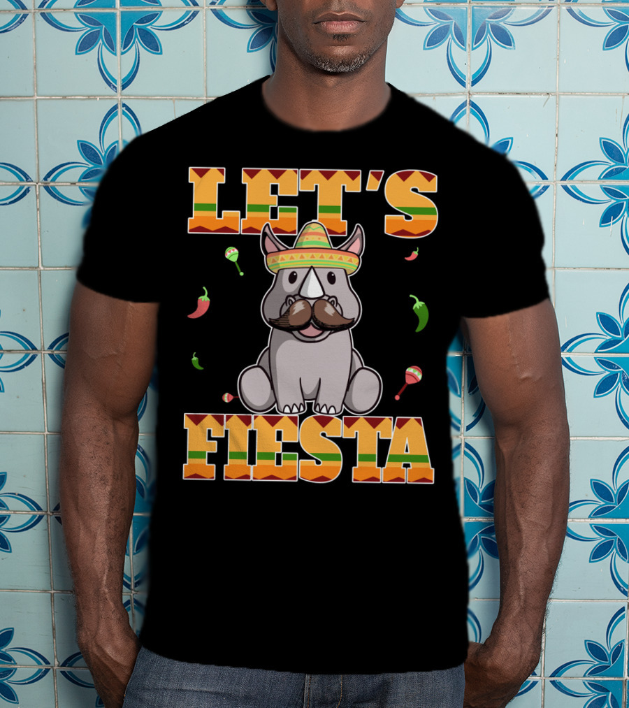 Let's Fiesta Rhinoceros Cinco De Mayo Mex Sombrero Peppers Maracas T-Shirt