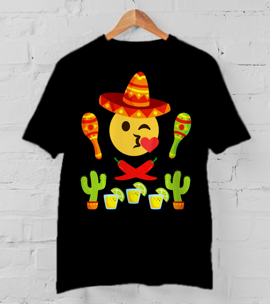 Kiss Emoji Cinco De Mayo Sombrero Maracas Cactus Peppers Margaritas T-Shirt