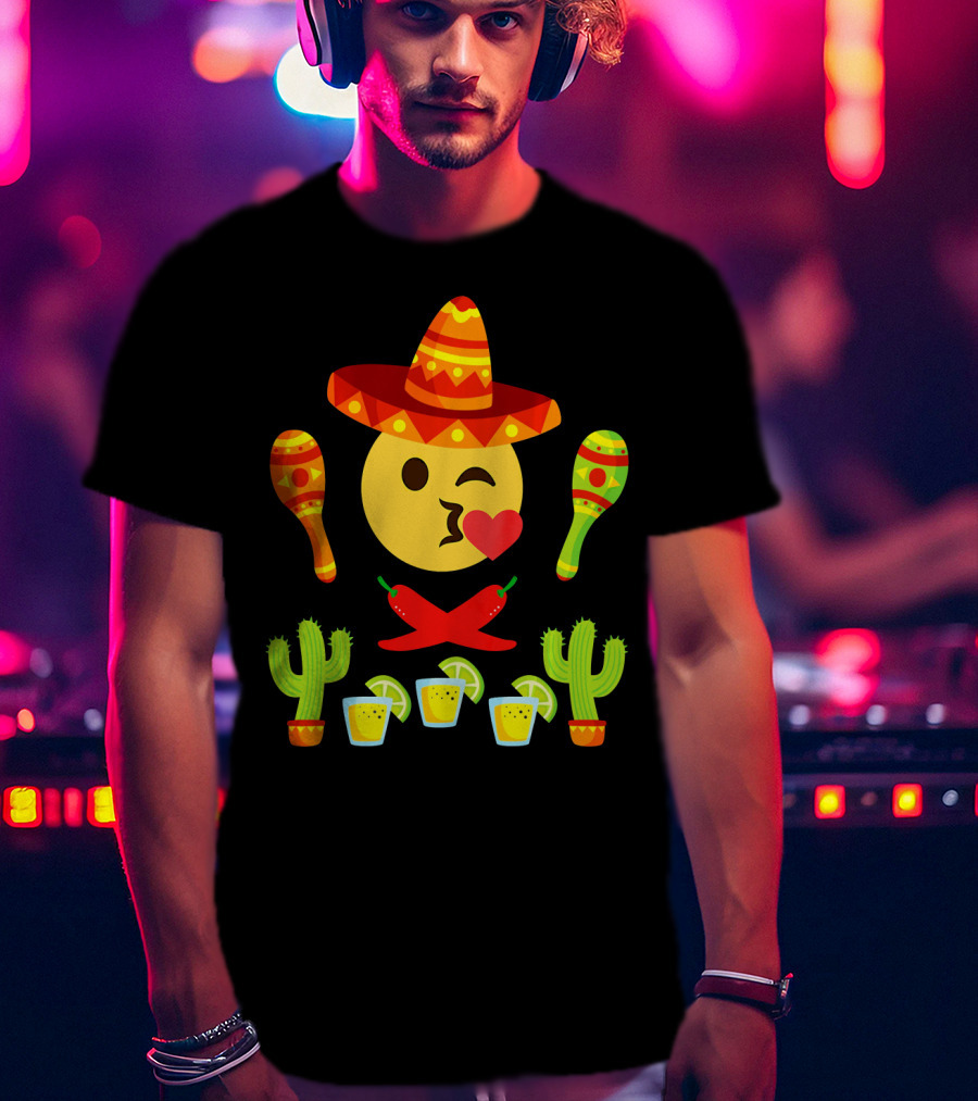 Kiss Emoji Cinco De Mayo Sombrero Maracas Cactus Peppers Margaritas T-Shirt