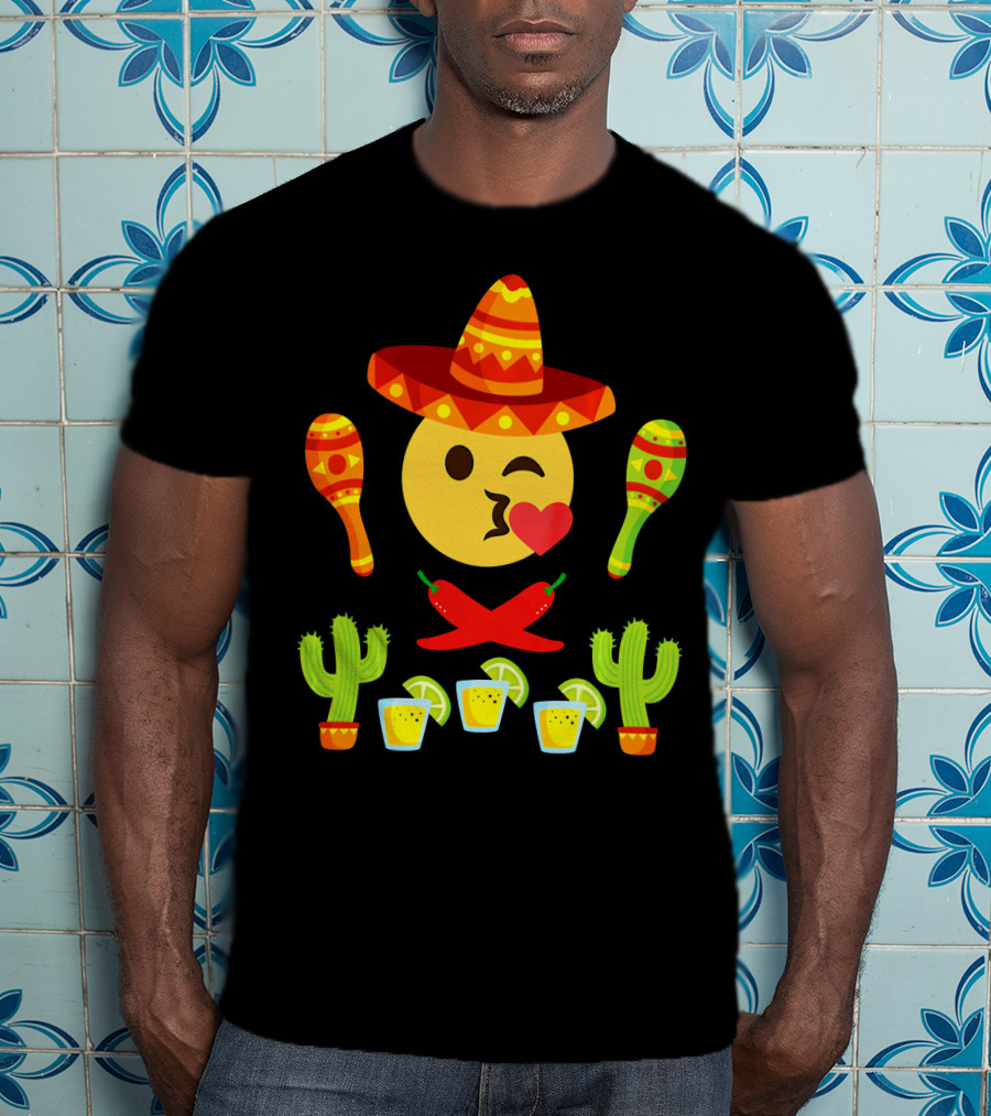 Kiss Emoji Cinco De Mayo Sombrero Maracas Cactus Peppers Margaritas T-Shirt
