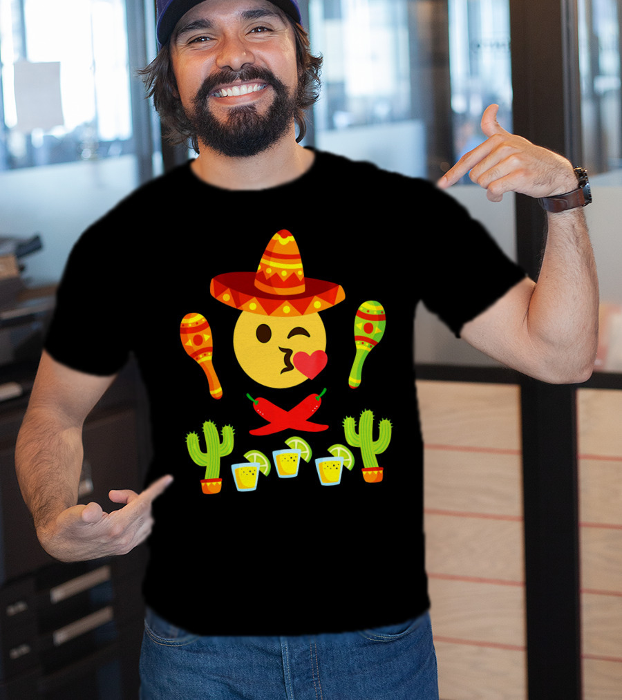 Kiss Emoji Cinco De Mayo Sombrero Maracas Cactus Peppers Margaritas T-Shirt