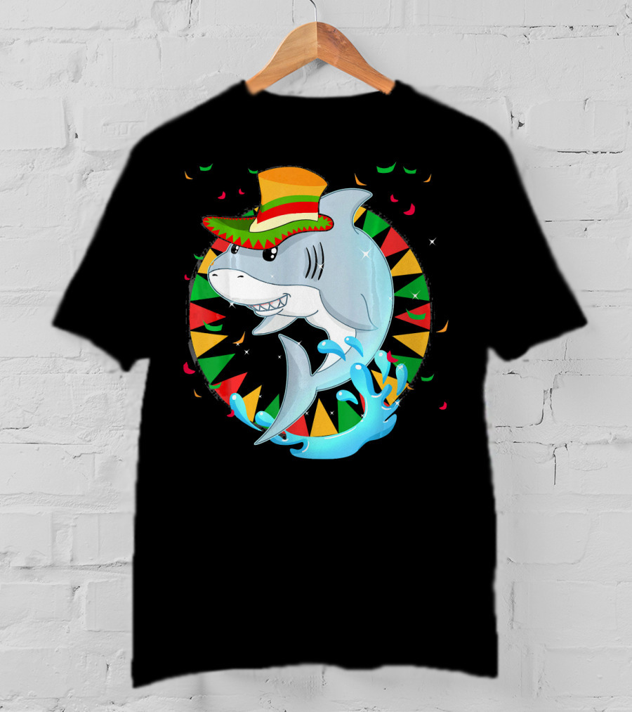 Cute Shark Cinco De Mayo 5th Of May Celebration Hat Sombrero Colorful Fiesta T-Shirt