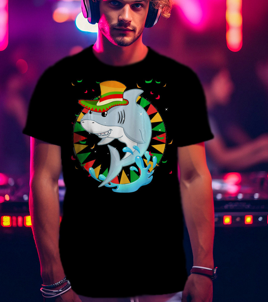 Cute Shark Cinco De Mayo 5th Of May Celebration Hat Sombrero Colorful Fiesta T-Shirt
