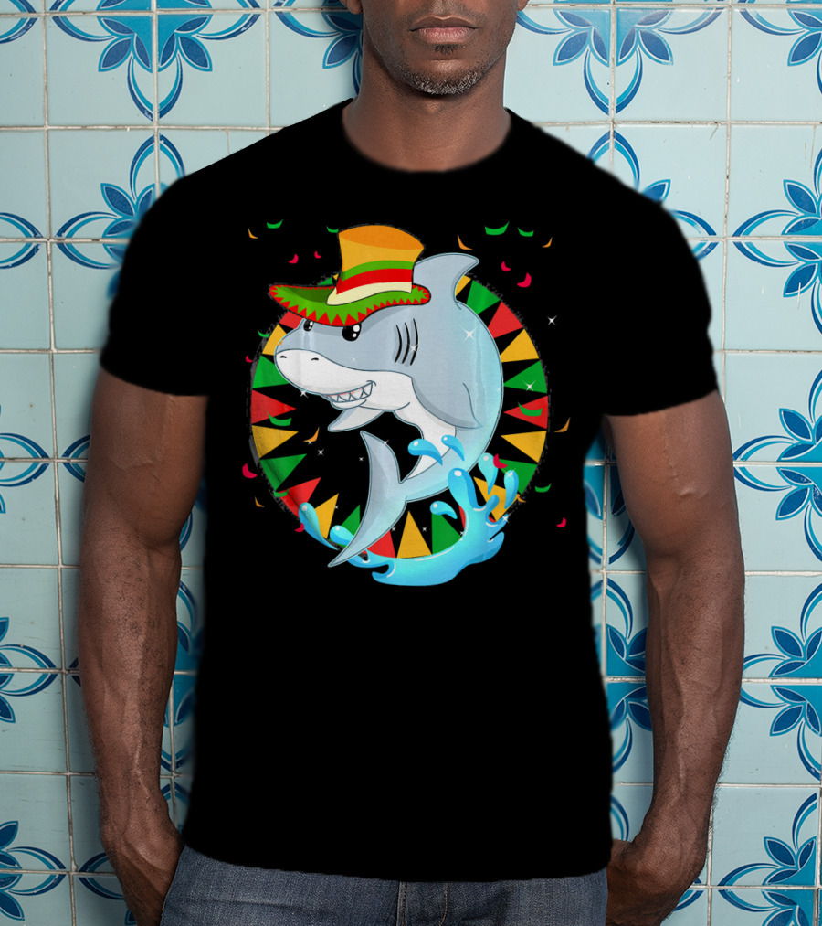 Cute Shark Cinco De Mayo 5th Of May Celebration Hat Sombrero Colorful Fiesta T-Shirt