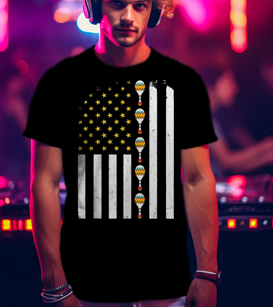 Cinco De Mayo Vintage American Flag With Maracas T-Shirt