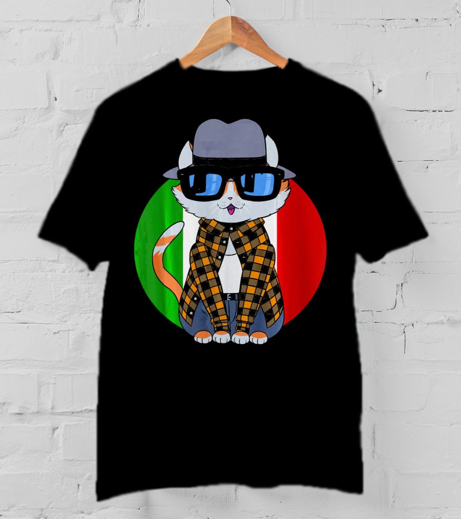 Cinco De Mayo Mexican Kitty Cat With Sunglasses And Plaid Shirt In Front Of Tricolor Circle T-Shirt