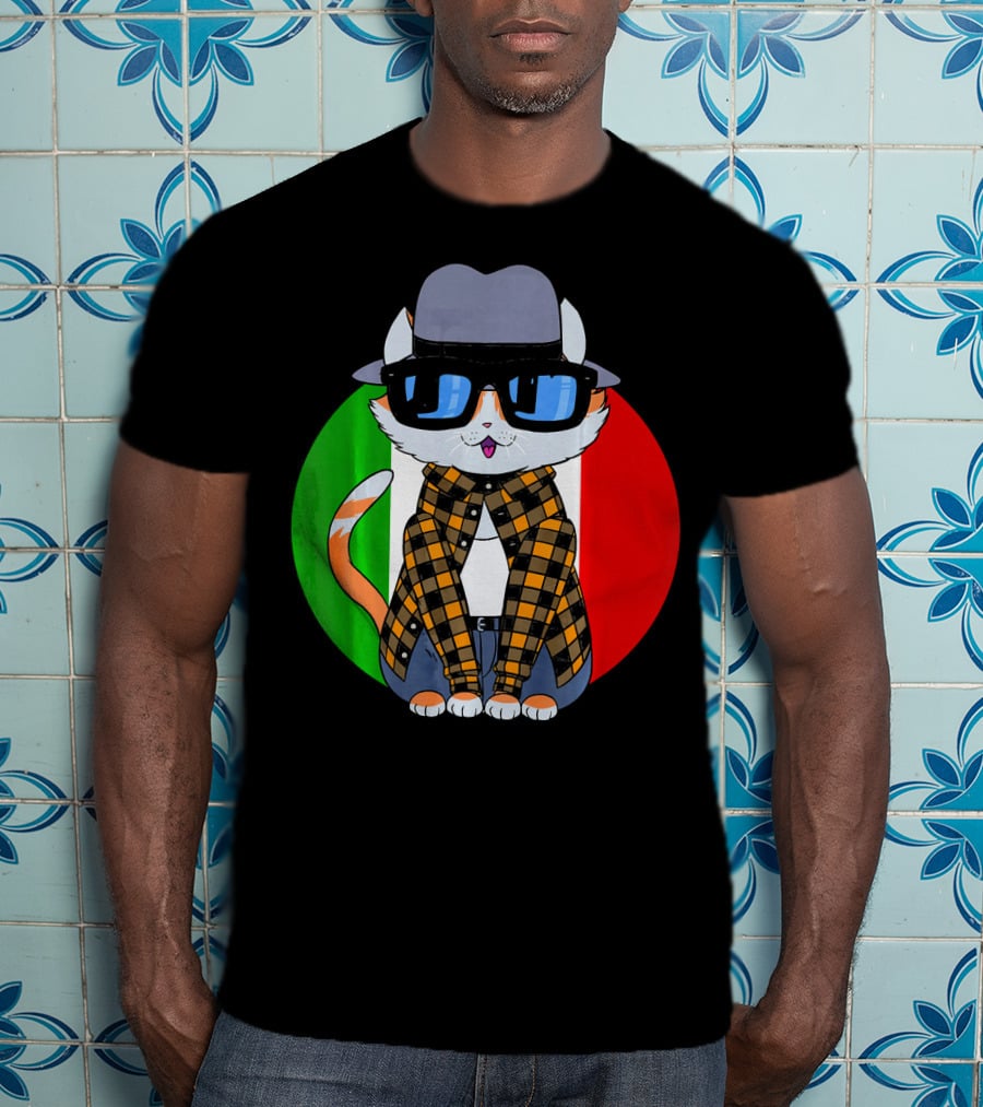 Cinco De Mayo Mexican Kitty Cat With Sunglasses And Plaid Shirt In Front Of Tricolor Circle T-Shirt