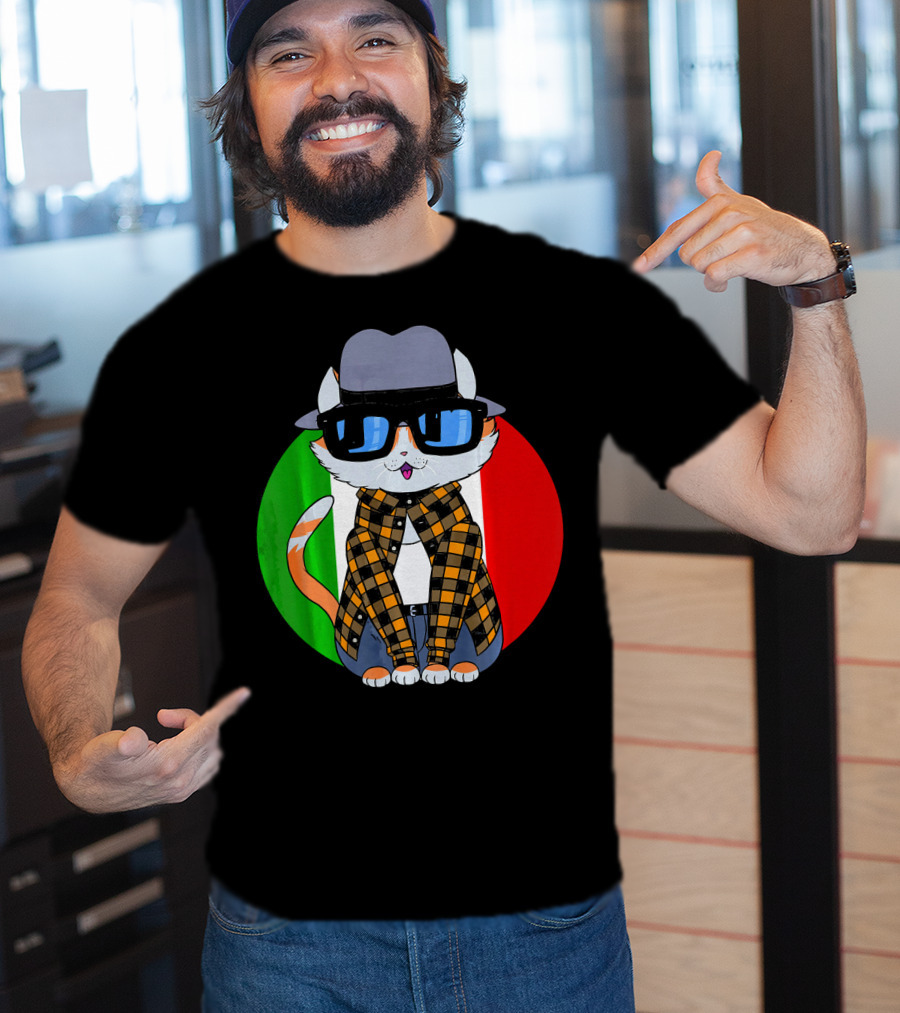 Cinco De Mayo Mexican Kitty Cat With Sunglasses And Plaid Shirt In Front Of Tricolor Circle T-Shirt