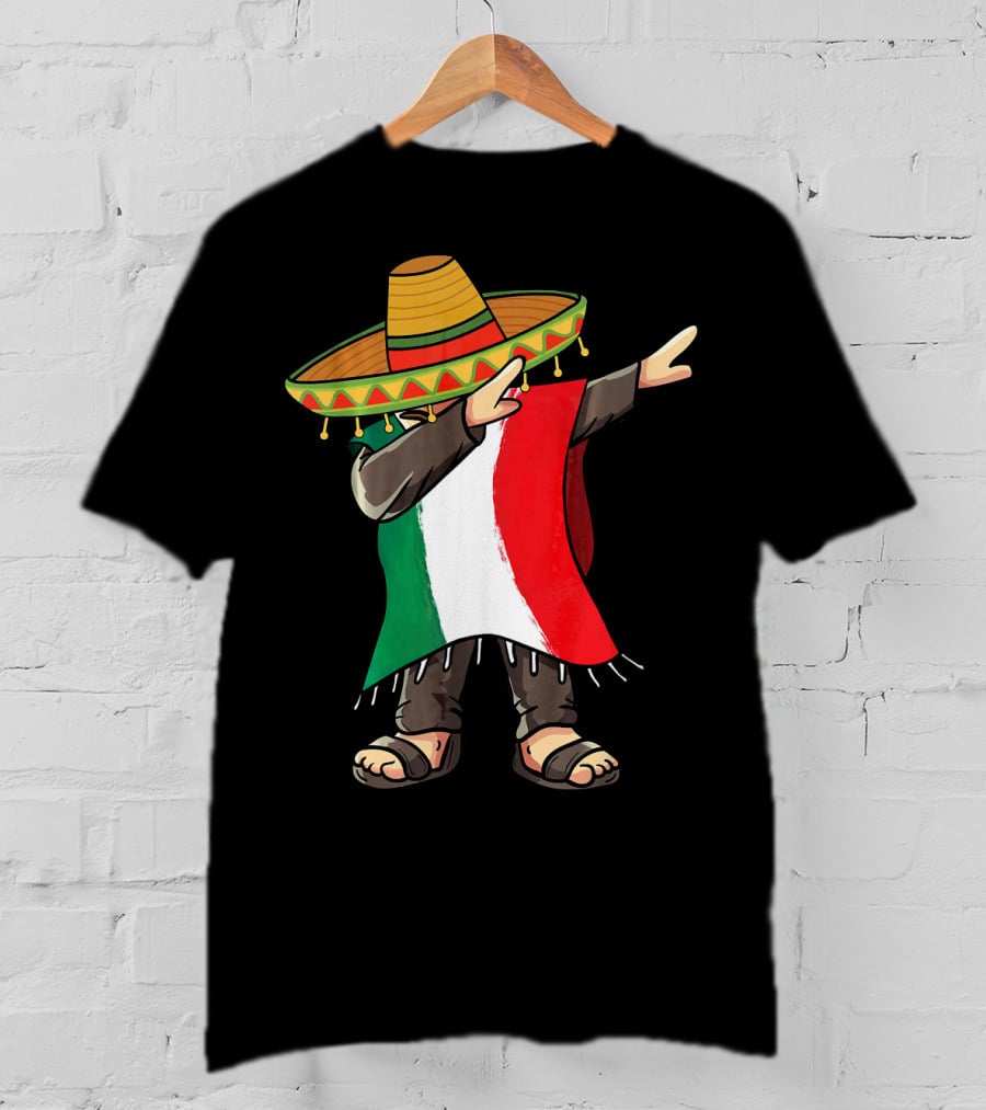 Mexican Flag Poncho Man Dabbing Cinco De Mayo Sombrero T-Shirt