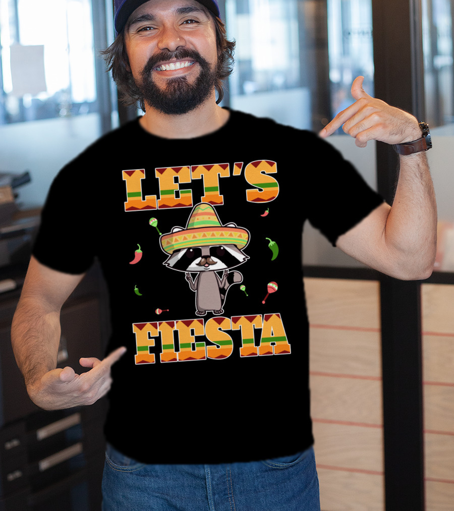 Let's Fiesta Racoon Sombrero Mariachi Peppers Maracas Cinco DE Mayo T-Shirt