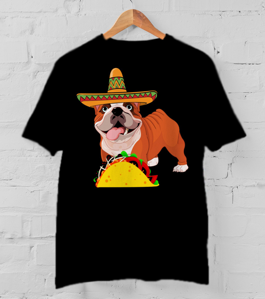 Funny Cinco De Mayo Bulldog Wear Sombrero Taco Fiesta T-Shirt