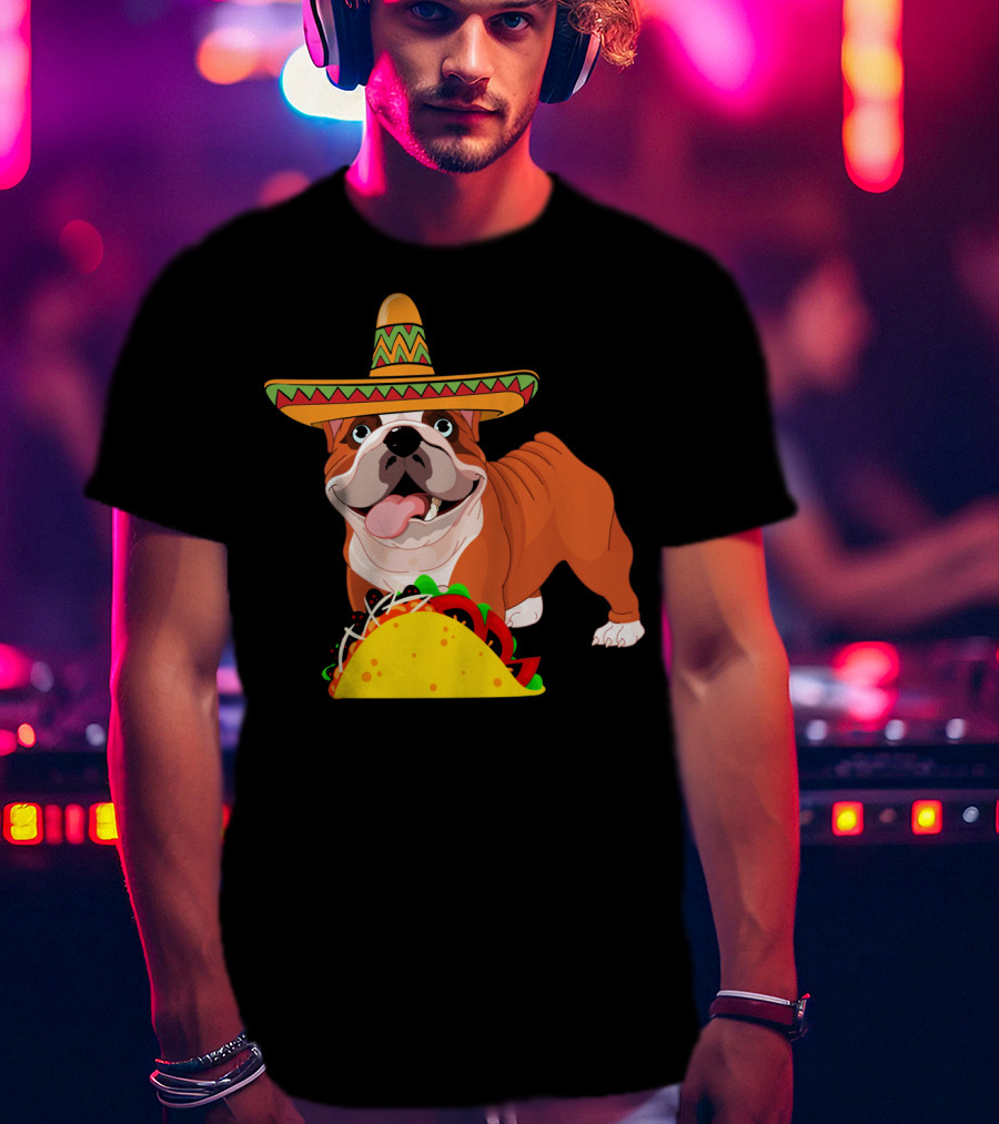 Funny Cinco De Mayo Bulldog Wear Sombrero Taco Fiesta T-Shirt