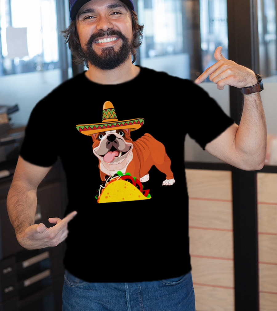 Funny Cinco De Mayo Bulldog Wear Sombrero Taco Fiesta T-Shirt