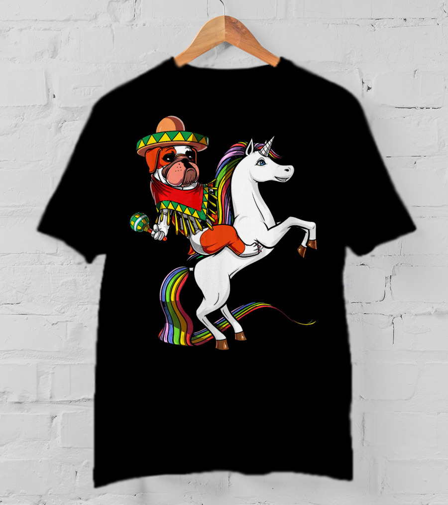 English Bulldog Riding Unicorn Cinco De Mayo Fiesta Hat And Maracas T-Shirt