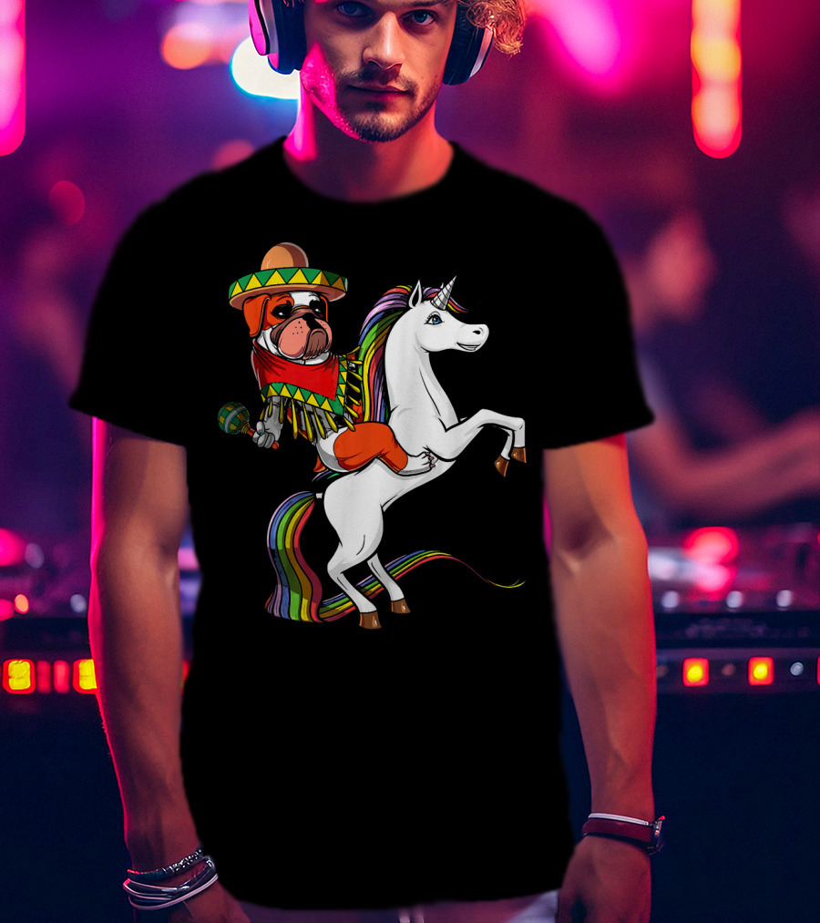 English Bulldog Riding Unicorn Cinco De Mayo Fiesta Hat And Maracas T-Shirt