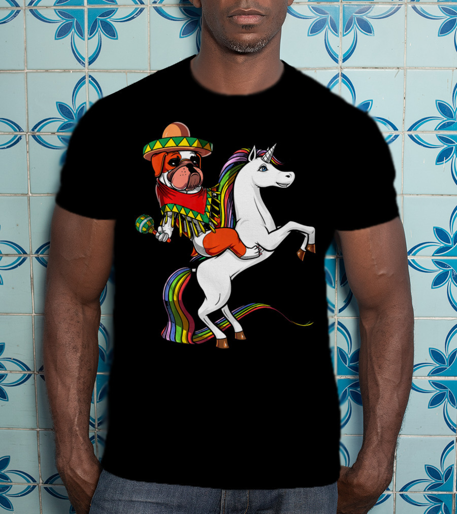 English Bulldog Riding Unicorn Cinco De Mayo Fiesta Hat And Maracas T-Shirt