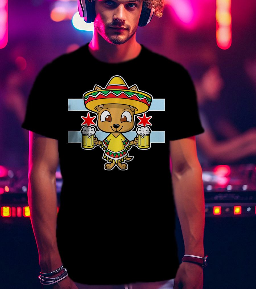 Cinco De Mayo Chicago Chihuahua Sombrero Poncho Beer Stars T-Shirt