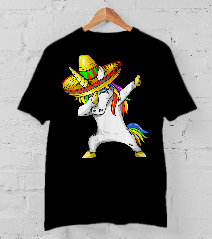 Dabbing Cinco De Mayo Unicorn With Sombrero And Rainbow Mane T-Shirt