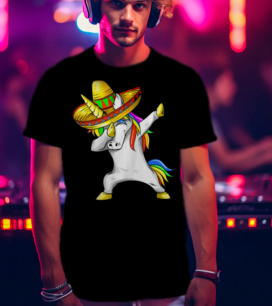 Dabbing Cinco De Mayo Unicorn With Sombrero And Rainbow Mane T-Shirt