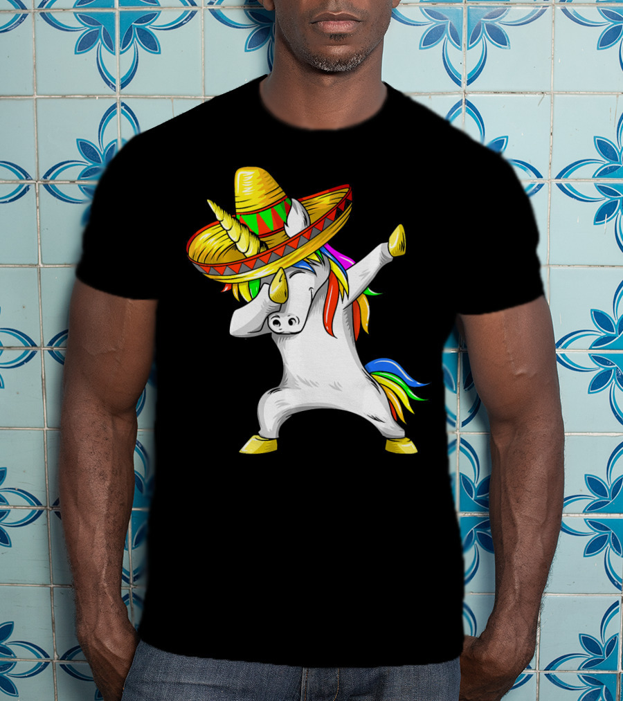 Dabbing Cinco De Mayo Unicorn With Sombrero And Rainbow Mane T-Shirt