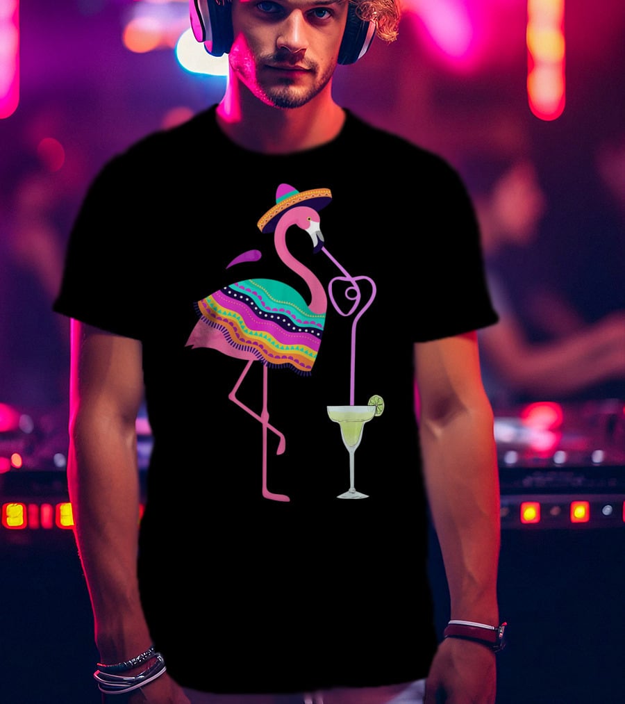 Cinco De Mayo Flamingo With Margarita And Sombrero Fun T-Shirt