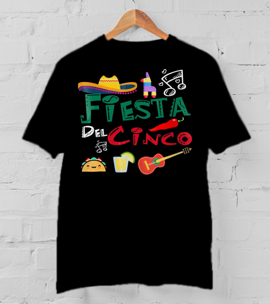 Fiesta Del Cinco Sombrero Piñata Taco Guitar Jalapeño Music Notes T-Shirt