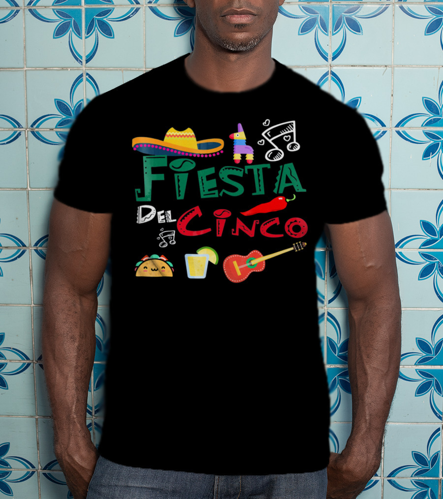 Fiesta Del Cinco Sombrero Piñata Taco Guitar Jalapeño Music Notes T-Shirt