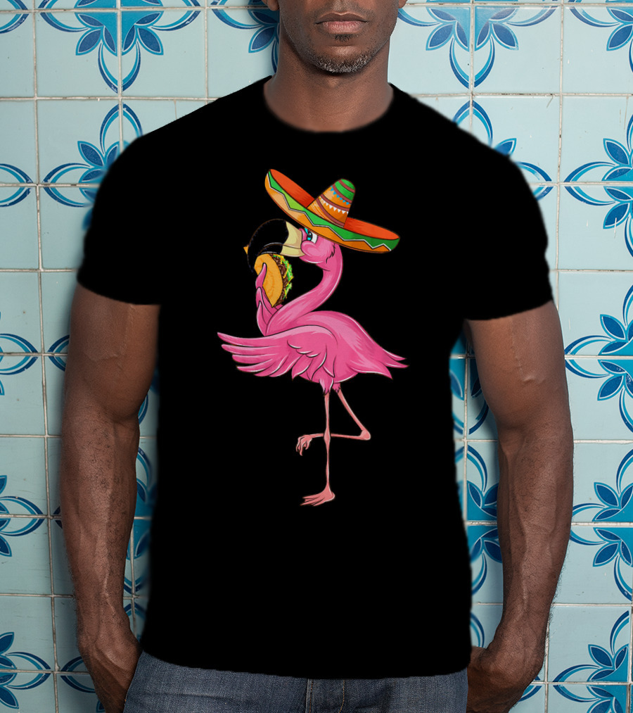 Cute Flamingo With Taco And Sombrero For Cinco De Mayo T-Shirt