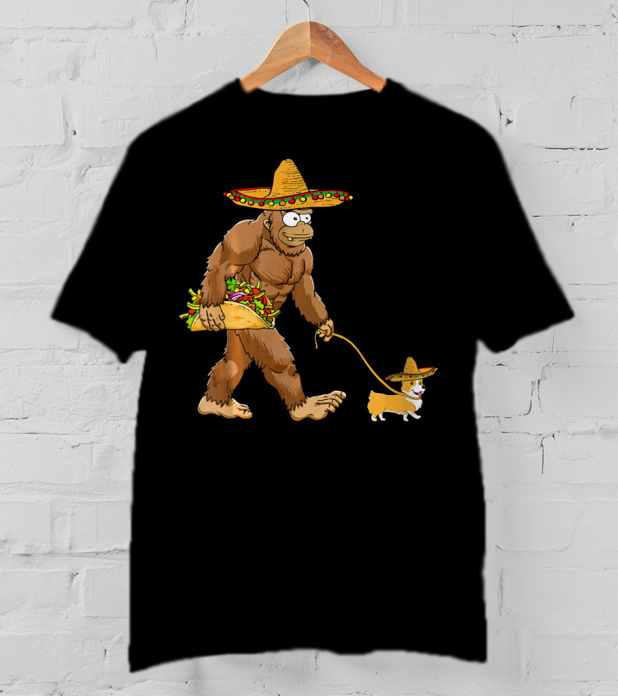 Bigfoot Sombrero Taco Corgi Dog Cinco De Mayo T-Shirt