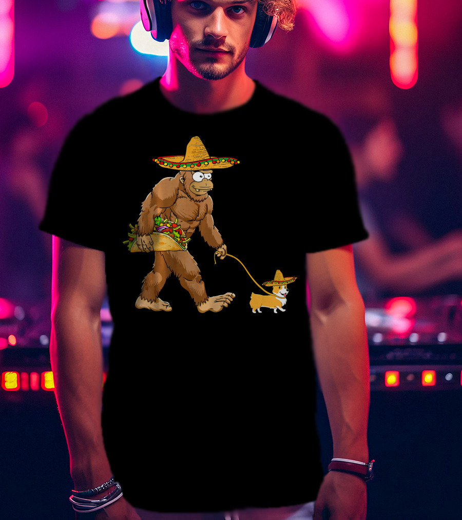 Bigfoot Sombrero Taco Corgi Dog Cinco De Mayo T-Shirt