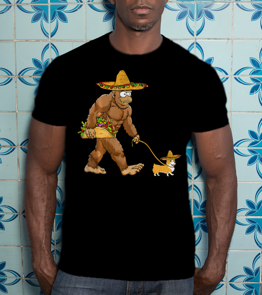 Bigfoot Sombrero Taco Corgi Dog Cinco De Mayo T-Shirt