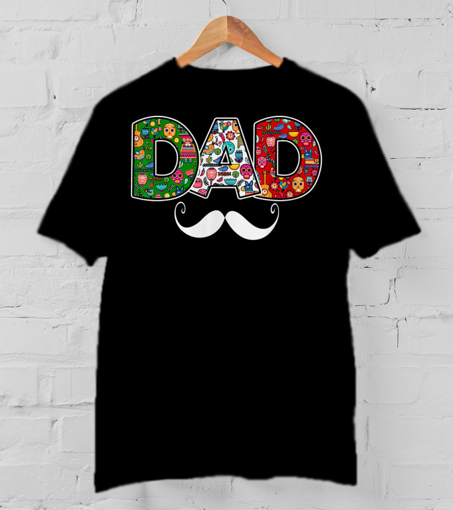 Mens Mexico Skull Maracas Sombrero Dad Mustache Colorful Icons T-Shirt