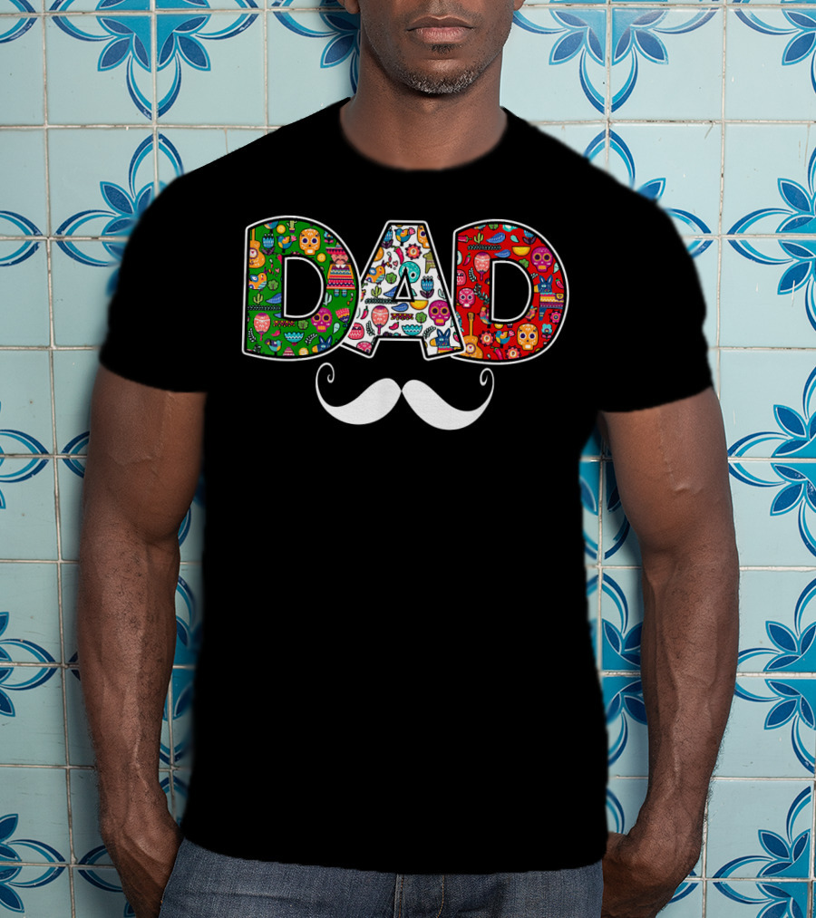 Mens Mexico Skull Maracas Sombrero Dad Mustache Colorful Icons T-Shirt