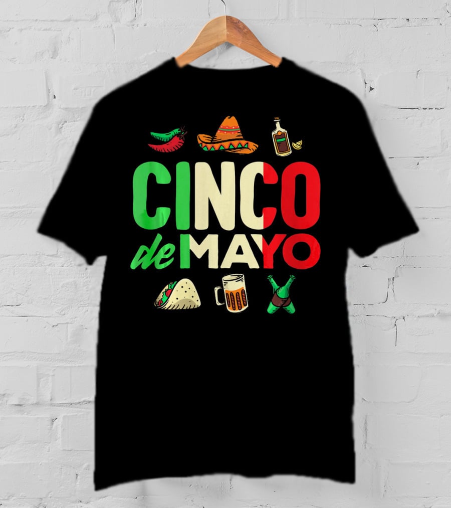 Cinco De Mayo Fiesta Sombrero Taco Beer Bottle Peppers T-Shirt