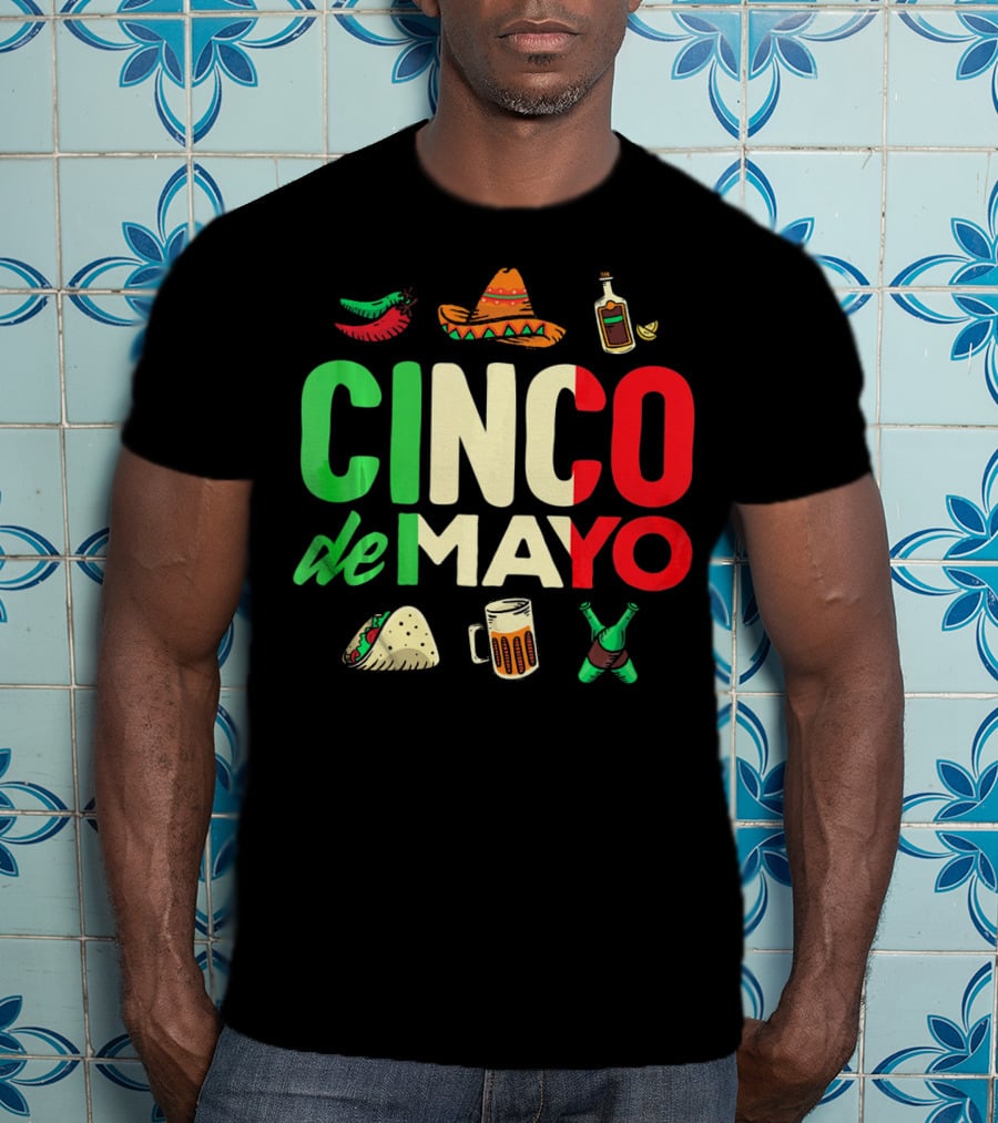Cinco De Mayo Fiesta Sombrero Taco Beer Bottle Peppers T-Shirt