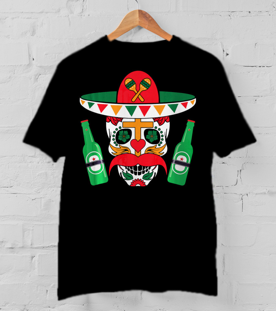 Cinco De Mayo Sugar Skull With Sombrero Maracas And Beer Bottles Mexi T-Shirt