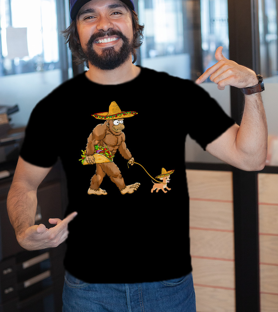 Bigfoot Taco Sombrero Chihuahua Dog Walking Cinco De Mayo T-Shirt