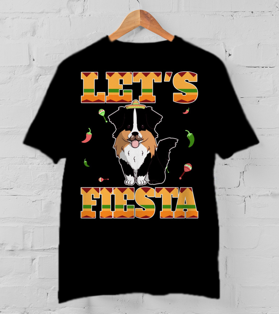 Let's Fiesta Australian Shepherd Dog Sombrero Maracas Peppers T-Shirt