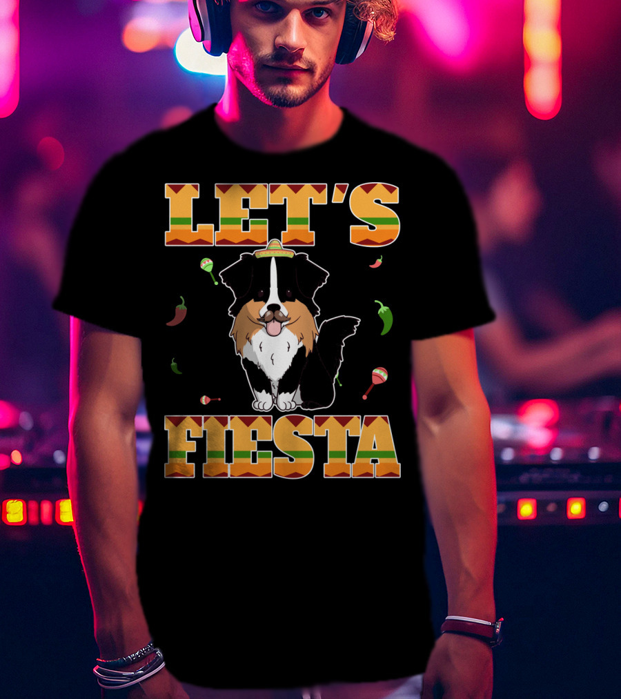 Let's Fiesta Australian Shepherd Dog Sombrero Maracas Peppers T-Shirt
