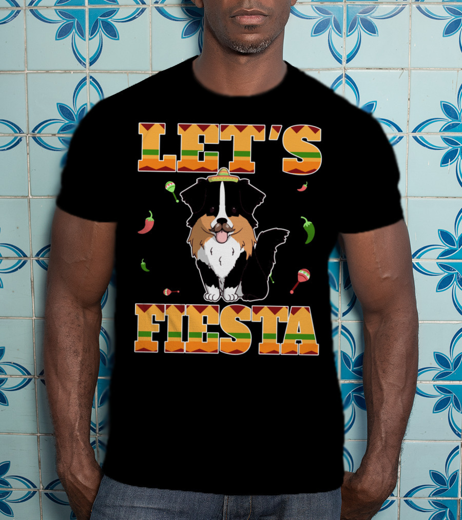 Let's Fiesta Australian Shepherd Dog Sombrero Maracas Peppers T-Shirt