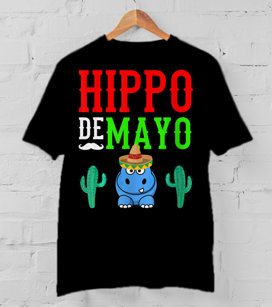 Hippo De Mayo Funny Mexico Fiesta With Sombrero Cactus T-Shirt