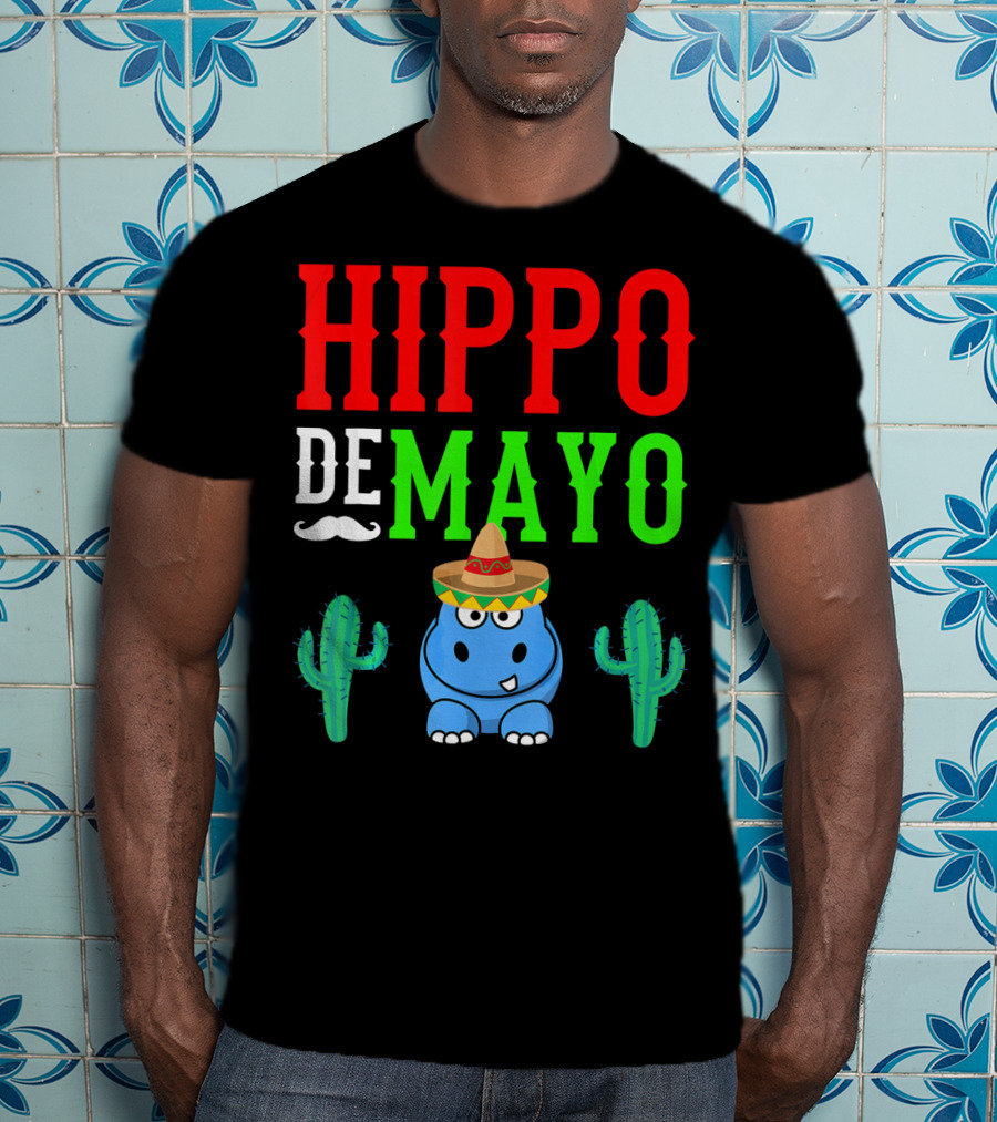 Hippo De Mayo Funny Mexico Fiesta With Sombrero Cactus T-Shirt