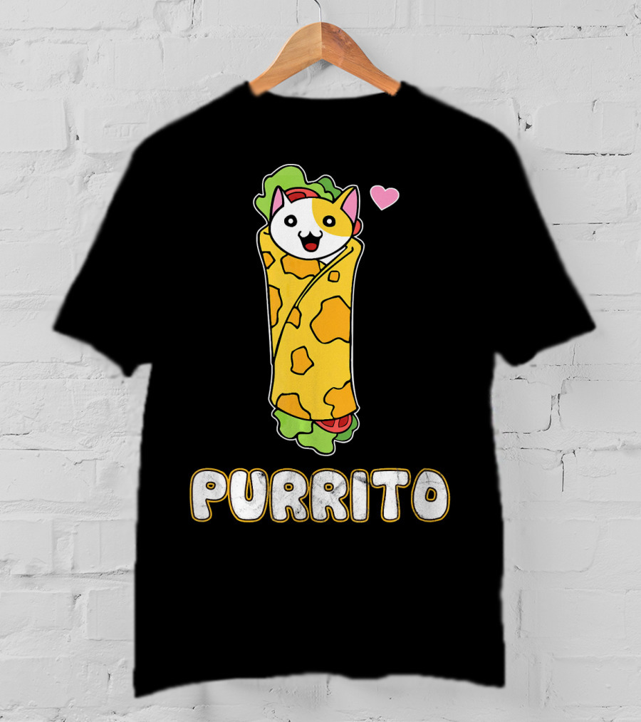 Purrito Kitten Wrapped In Burrito With Heart And Taco Cat Expression T-Shirt