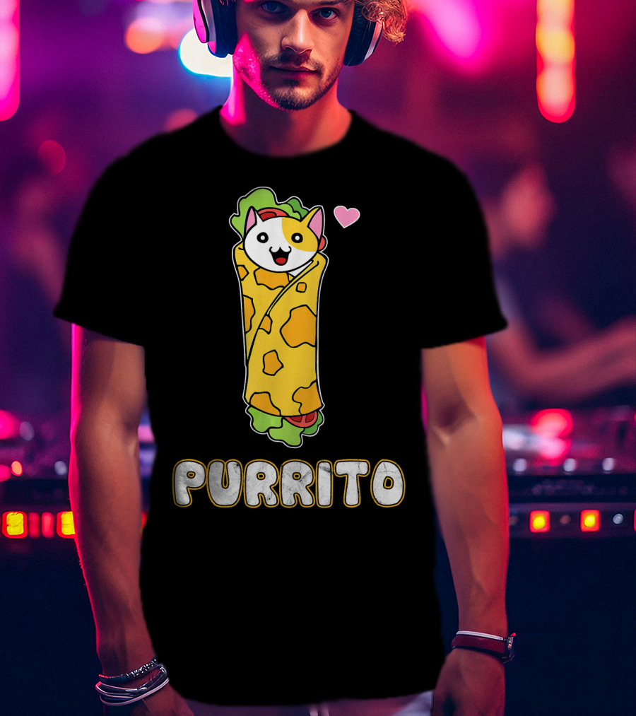 Purrito Kitten Wrapped In Burrito With Heart And Taco Cat Expression T-Shirt