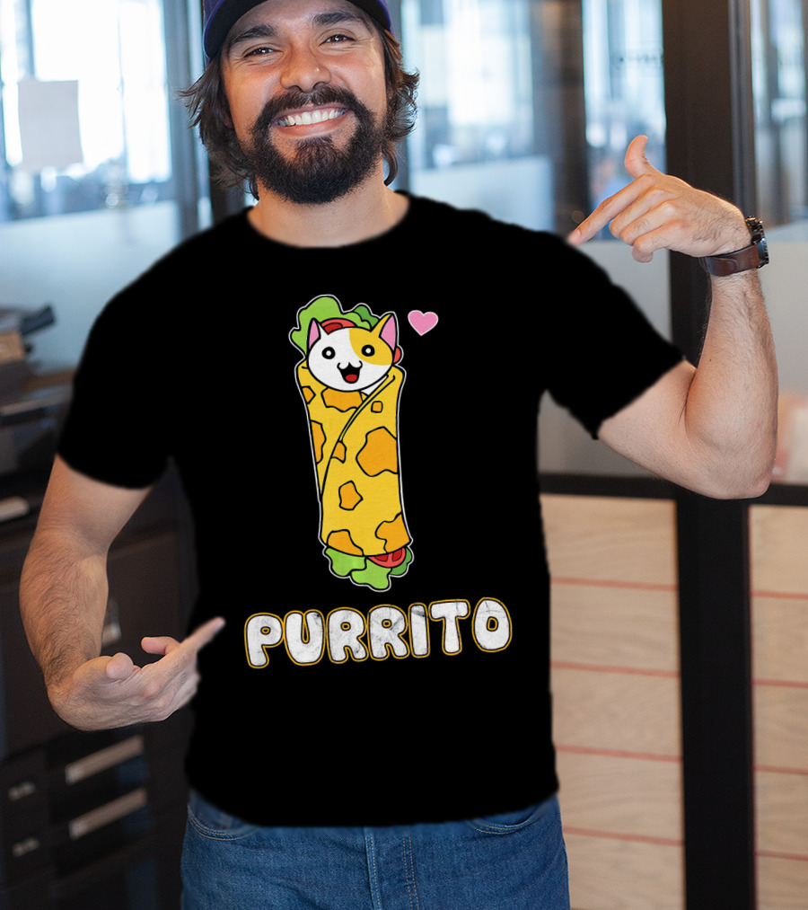 Purrito Kitten Wrapped In Burrito With Heart And Taco Cat Expression T-Shirt
